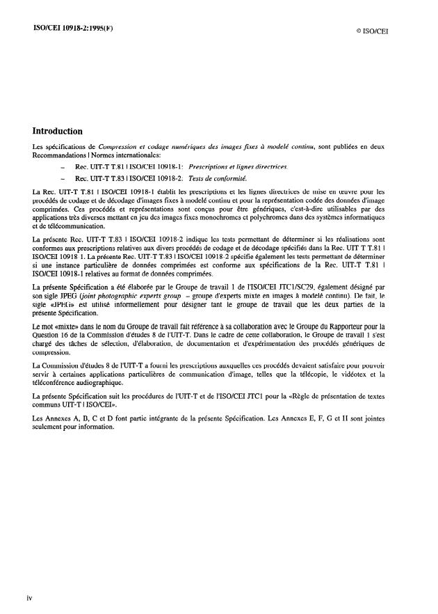ISO/IEC 10918-2:1995 ISO/IEC 10918-2:1995 - Technologies de l'information -- Compression et codage numériques des images fixes a modelé continu: Tests de conformité - Page 4 preview