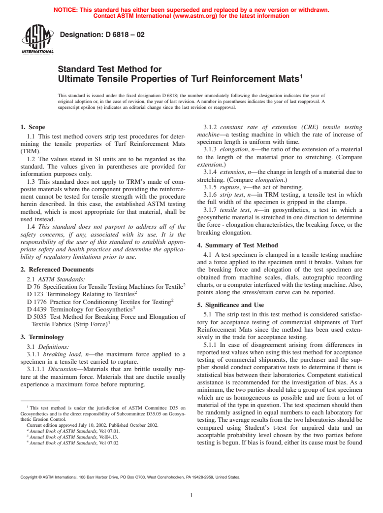 ASTM D6818-02 - Standard Test Method for Ultimate Tensile Properties of Turf Reinforcement Mats