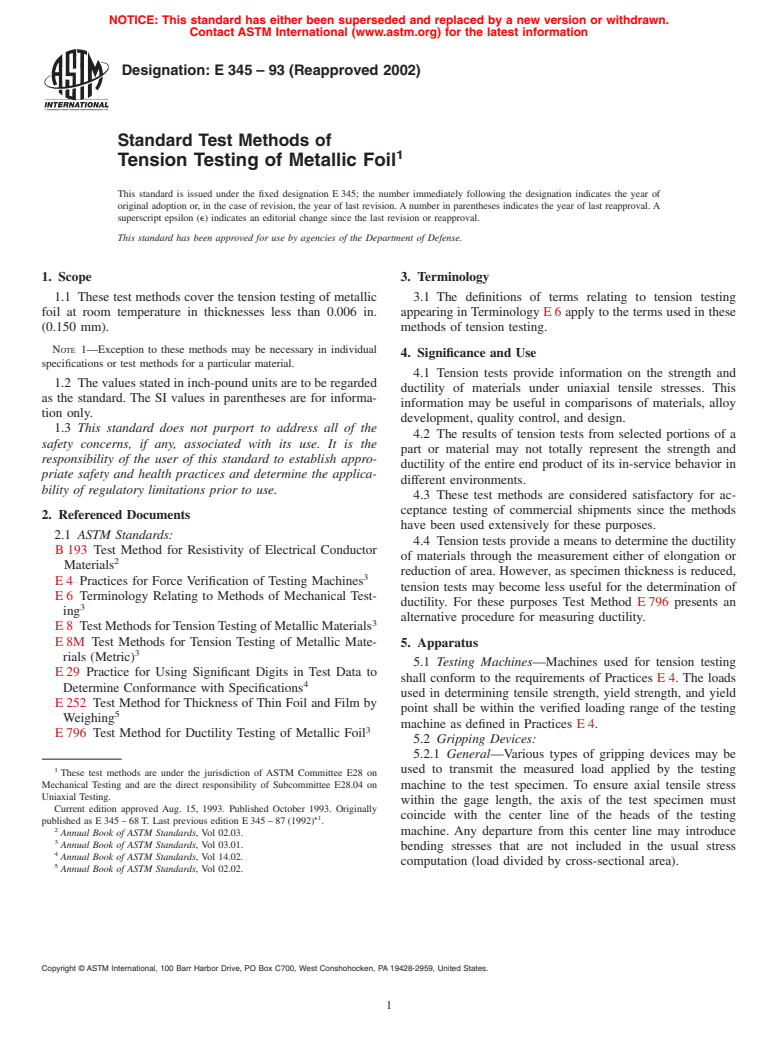 ASTM E345-93(2002) - Standard Test Methods of Tension Testing of Metallic Foil