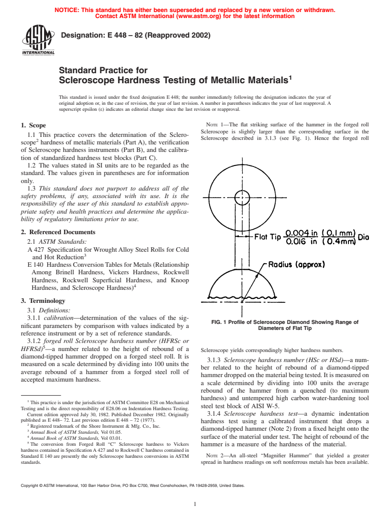 ASTM E448-82(2002) - Standard Practice for Scleroscope Hardness Testing of Metallic Materials