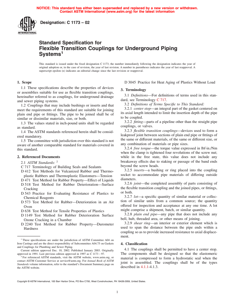 ASTM C1173-02 - Standard Specification for Flexible Transition Couplings for Underground Piping Systems