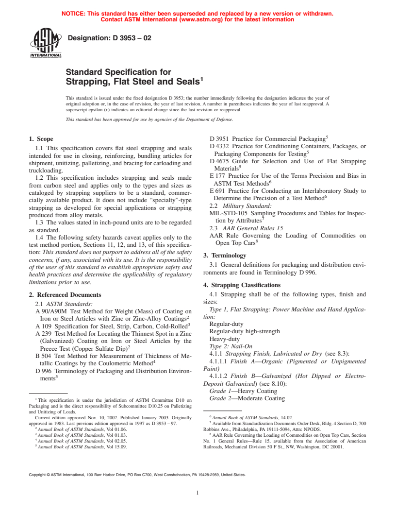 ASTM D3953-02 - Standard Specification for Strapping, Flat Steel and Seals