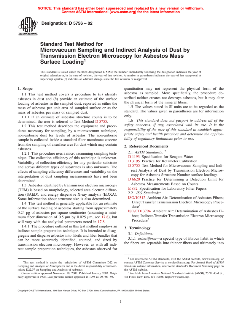 ASTM D5756-02 - Standard Test Method for Microvacuum Sampling and Indirect Analysis of Dust by Transmission Electron Microscopy for Asbestos Mass Concentration