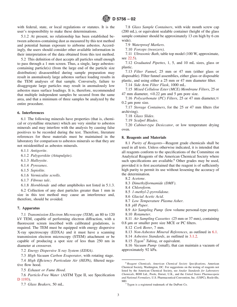 ASTM D5756-02 - Standard Test Method for Microvacuum Sampling and Indirect Analysis of Dust by Transmission Electron Microscopy for Asbestos Mass Concentration