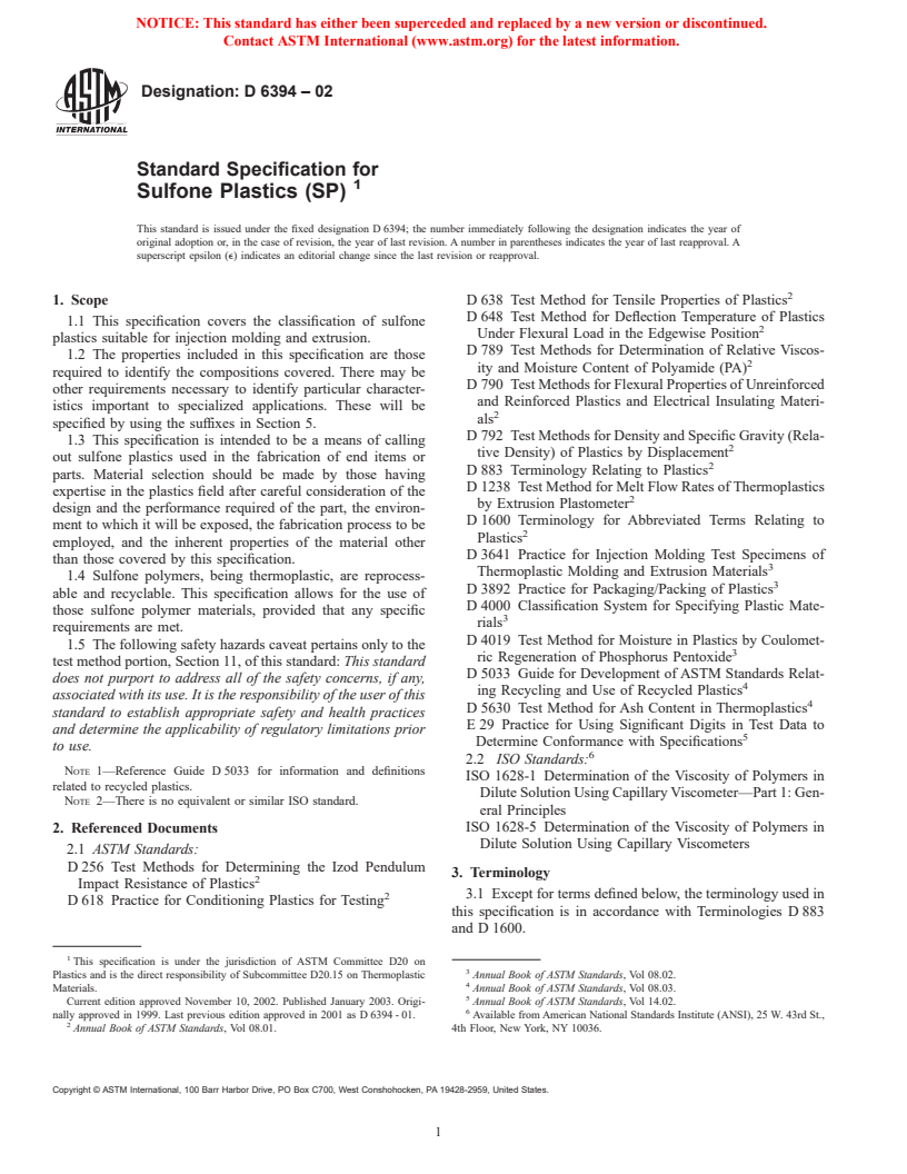 ASTM D6394-02 - Standard Specification for Sulfone Plastics (SP)