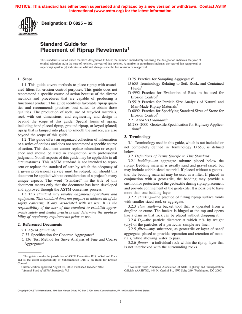 ASTM D6825-02 - Standard Guide for Placement of Riprap Revetments