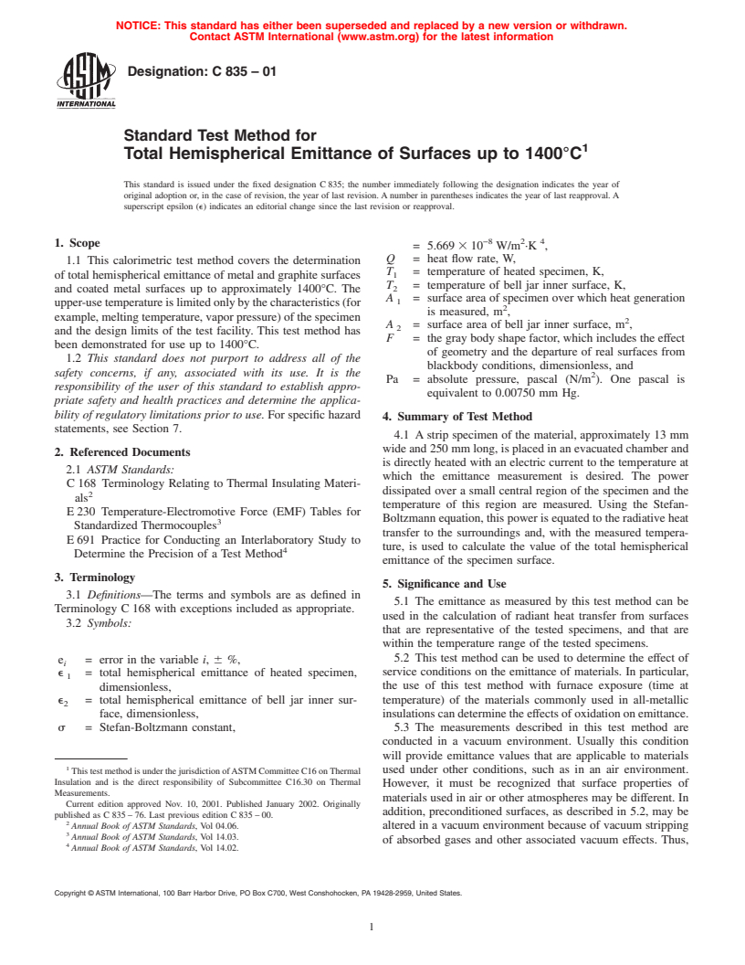 ASTM C835-01 - Standard Test Method for Total Hemispherical Emittance of Surfaces up to 1400&#176C