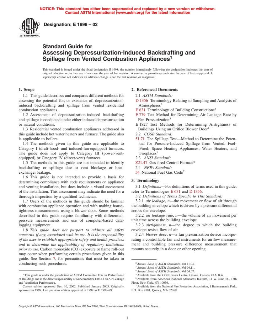 ASTM E1998-02 - Standard Guide for Assessing Depressurization-Induced Backdrafting and Spillage from Vented Combustion Appliances