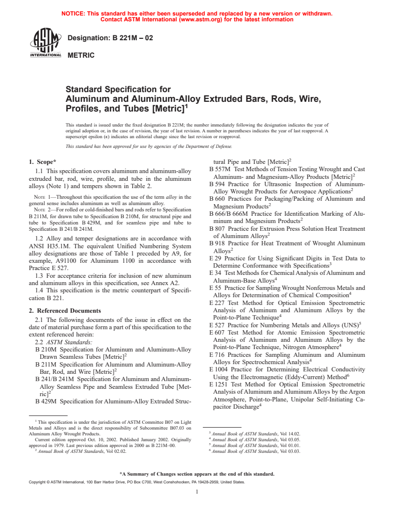 ASTM B221M-02 - Standard Specification for Aluminum and Aluminum-Alloy Extruded Bars, Rods, Wire, Profiles, and Tubes [Metric]