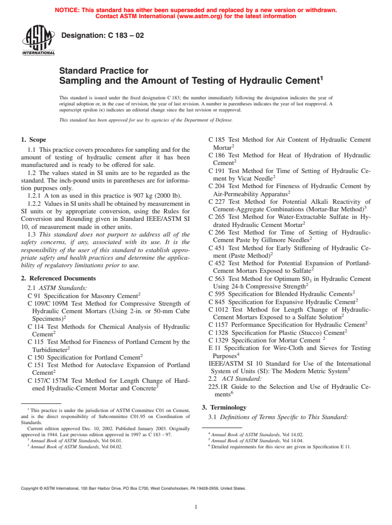 ASTM C183-02 - Standard Practice for Sampling and the Amount of Testing of Hydraulic Cement