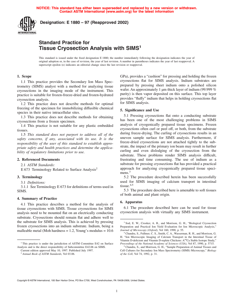 ASTM E1880-97(2002) - Standard Practice for Tissue Cryosection Analysis with SIMS