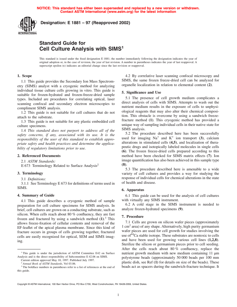 ASTM E1881-97(2002) - Standard Guide for Cell Culture Analysis with SIMS