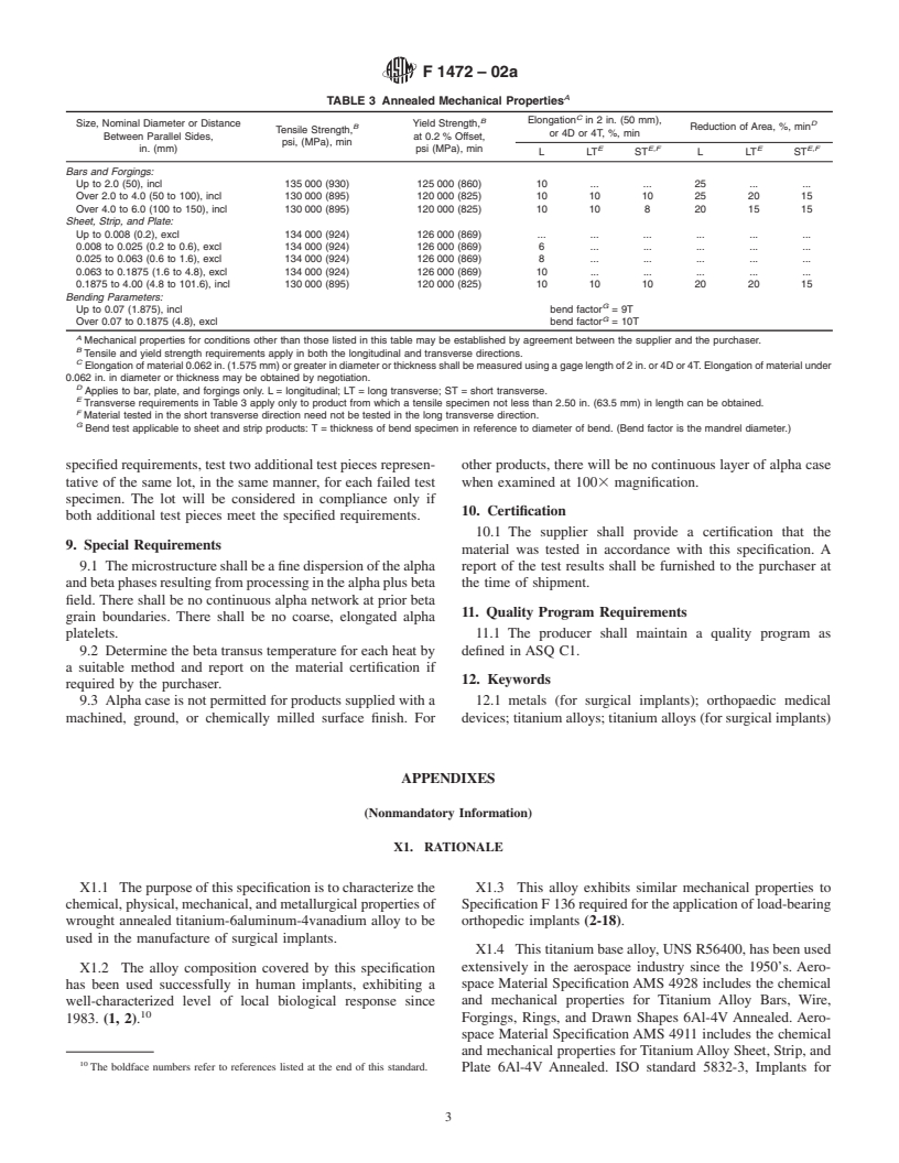 ASTM F1472-02a - Standard Specification for Wrought Titanium -6Aluminum -4Vanadium Alloy for Surgical Implant Applications (UNS R56400)