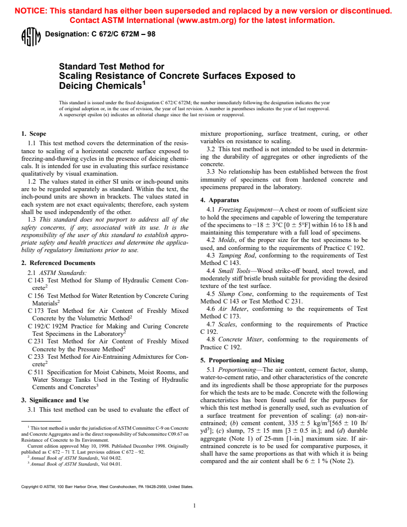 ASTM C672/C672M-98 - Standard Test Method for Scaling Resistance of Concrete Surfaces Exposed to Deicing Chemicals