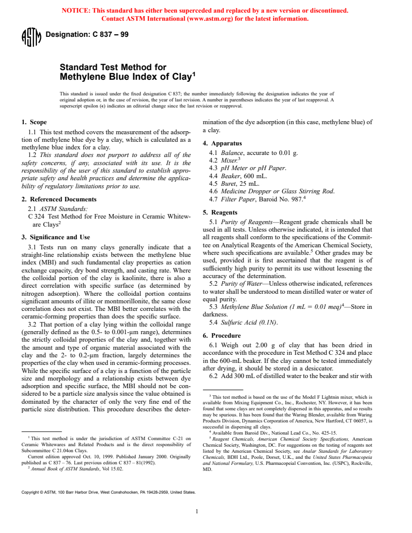 ASTM C837-99 - Standard Test Method for Methylene Blue Index of Clay