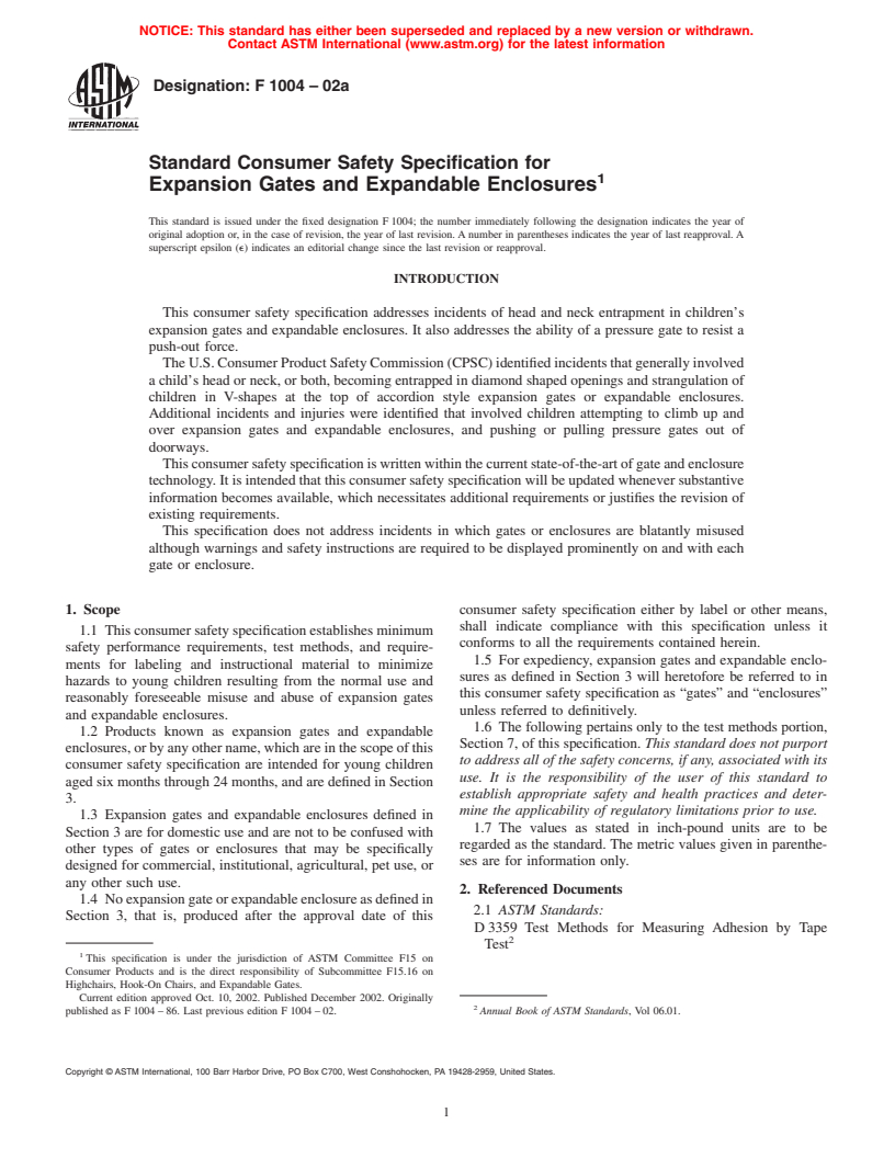 ASTM F1004-02a - Standard Consumer Safety Specification for Expansion Gates and Expandable Enclosures