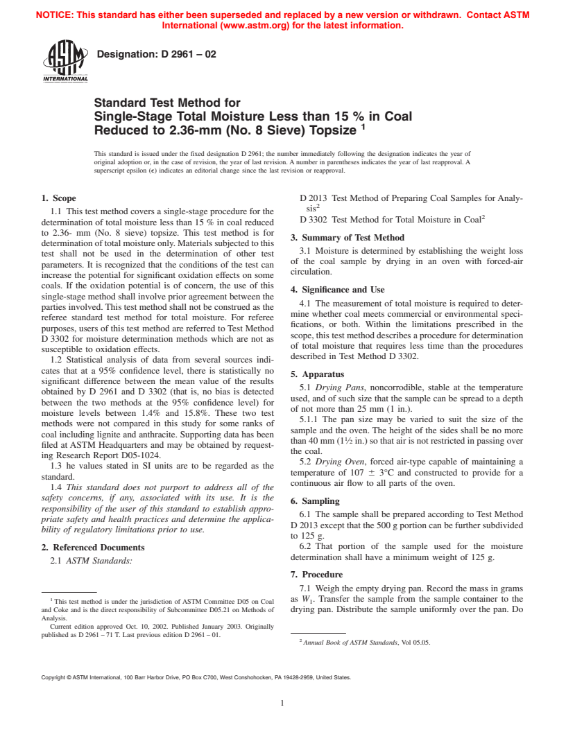 ASTM D2961-02 - Standard Test Method for Single-Stage Total Moisture Less than 15% in Coal Reduced to 2.36-mm (No. 8 Sieve)Topsize