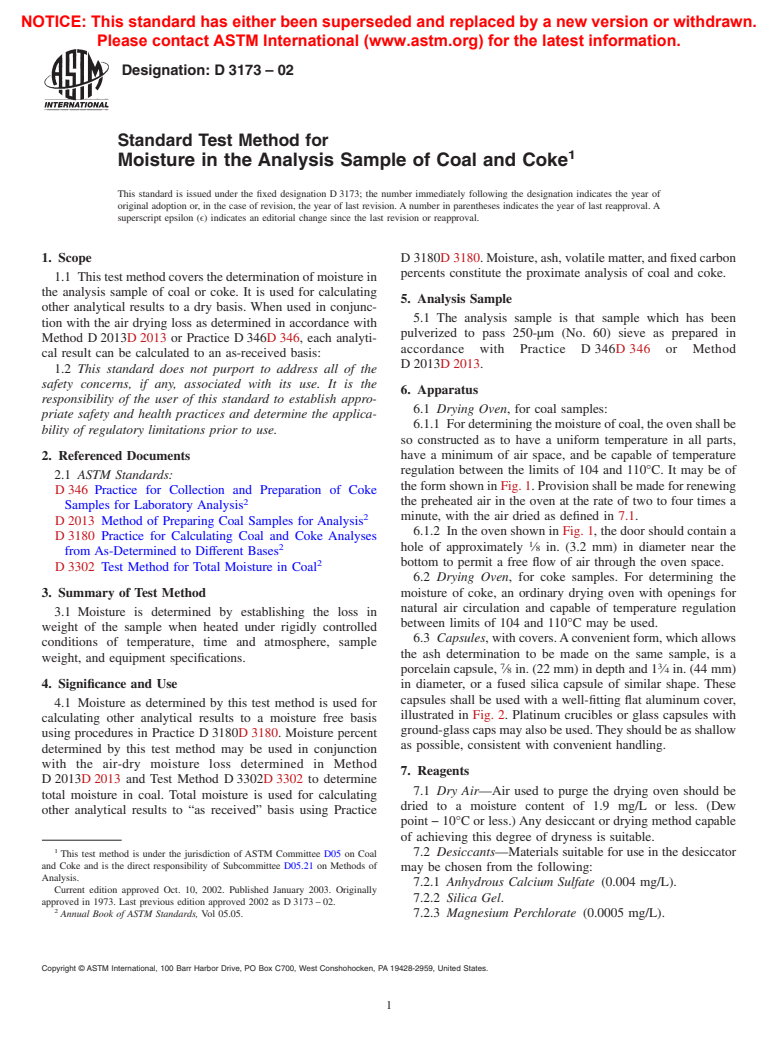 ASTM D3173-02 - Standard Test Method for Moisture in the Analysis Sample of Coal and Coke