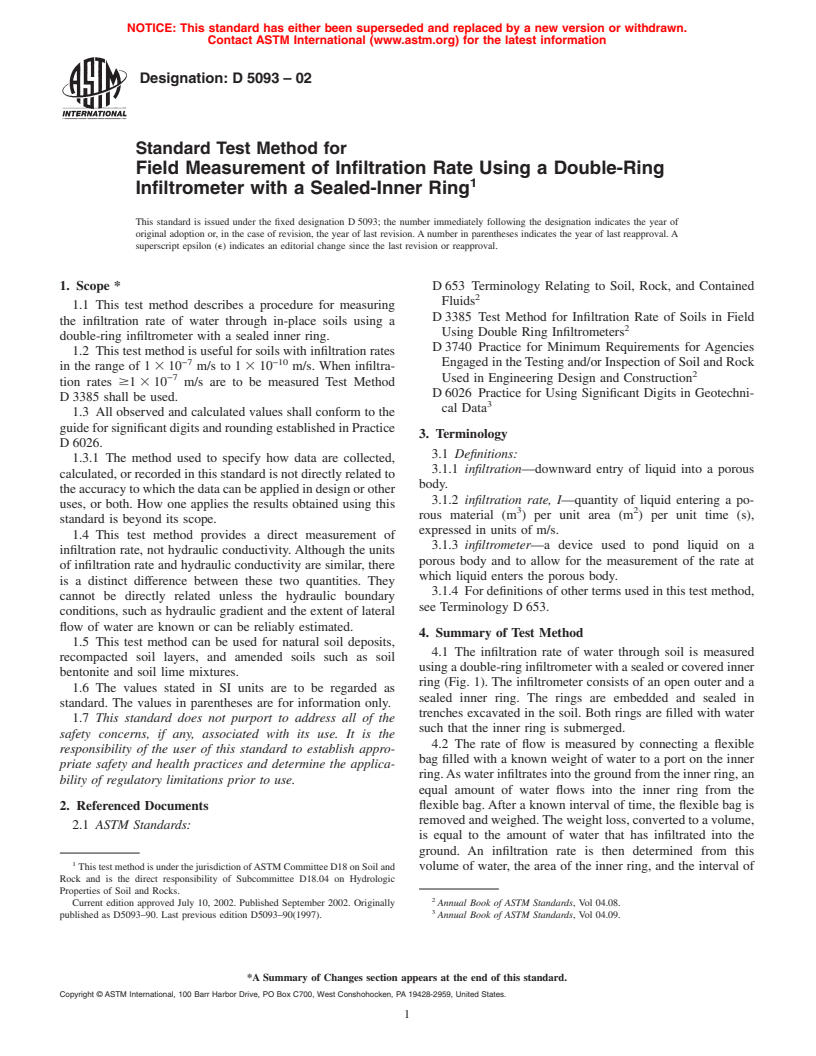 ASTM D5093-02 - Standard Test Method for Field Measurement of Infiltration Rate Using a Double-Ring Infiltrometer with a Sealed-Inner Ring