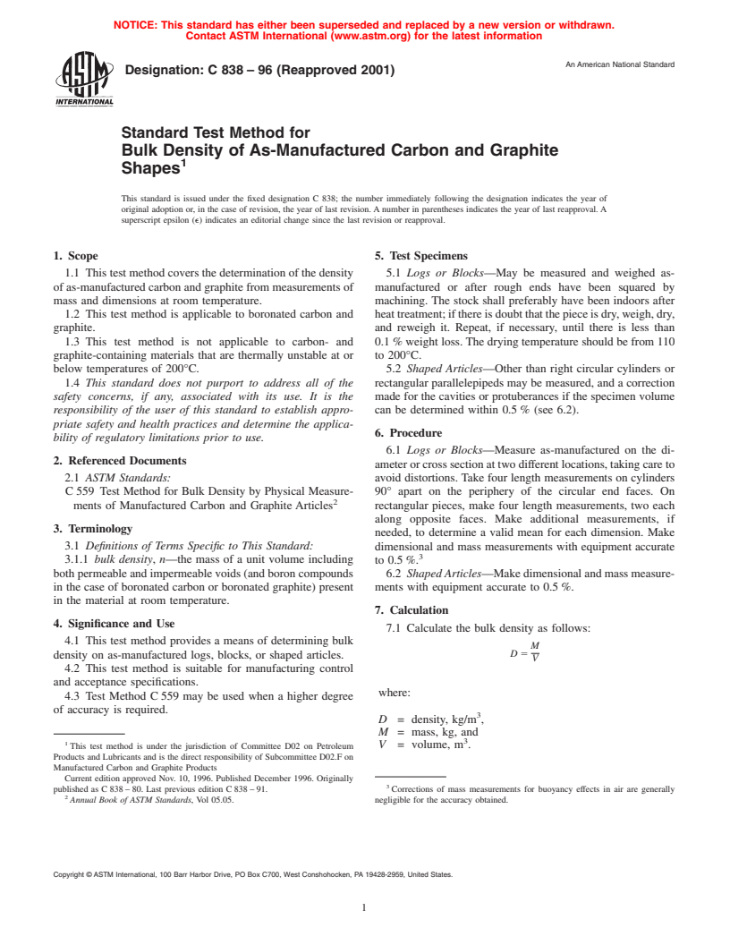 ASTM C838-96(2001) - Standard Test Method for Bulk Density of As-Manufactured Carbon and Graphite Shapes