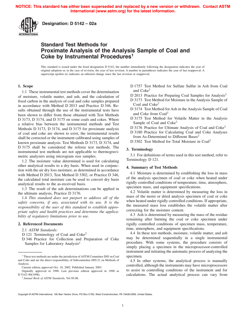 ASTM D5142-02a - Standard Test Methods for Proximate Analysis of the Analysis Sample of Coal and Coke by Instrumental Procedures