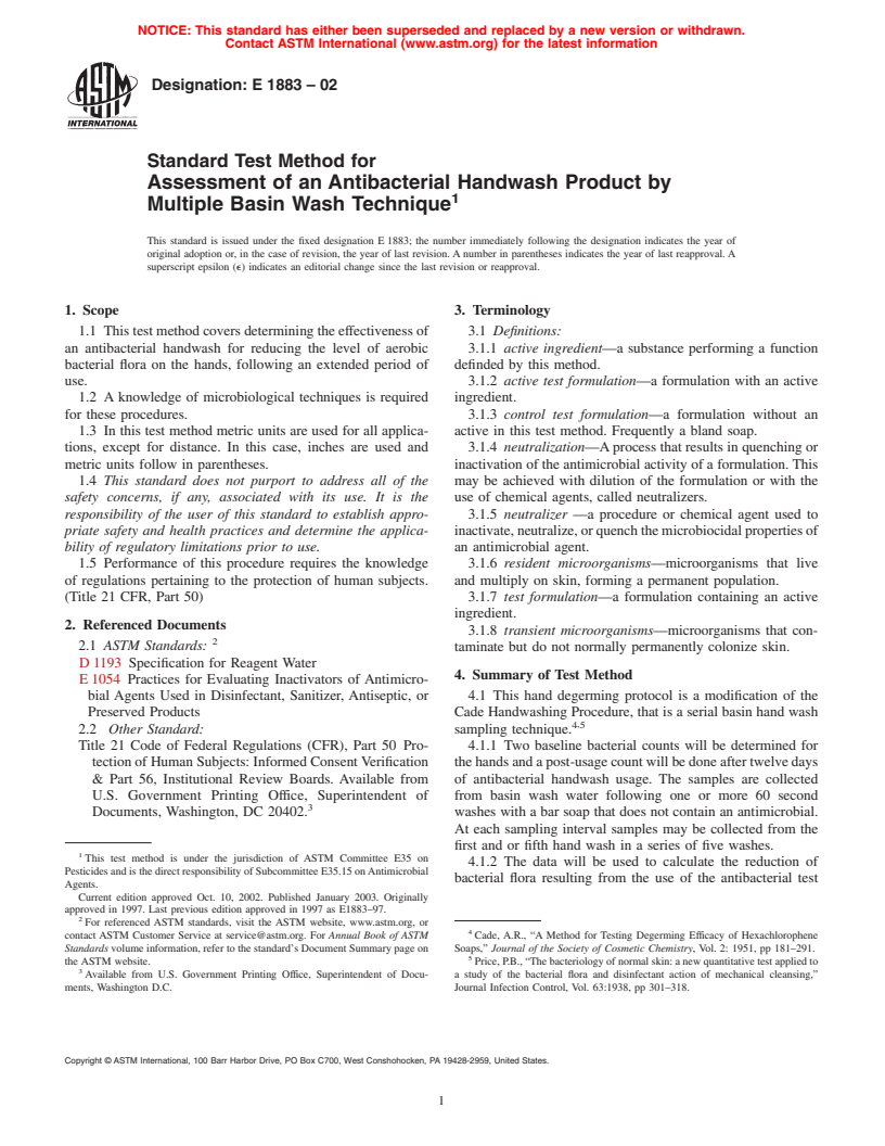 ASTM E1883-02 - Standard Test Method for Assessment of an Antibacterial Handwash Product by Multiple Basin Wash Technique