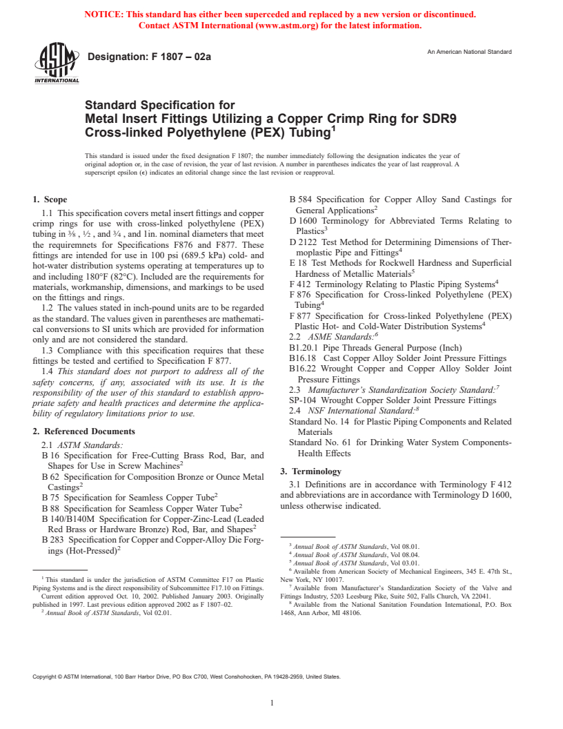 ASTM F1807-02a - Standard Specification for Metal Insert Fittings Utilizing a Copper Crimp Ring for SDR9 Cross-linked Polyethylene (PEX) Tubing