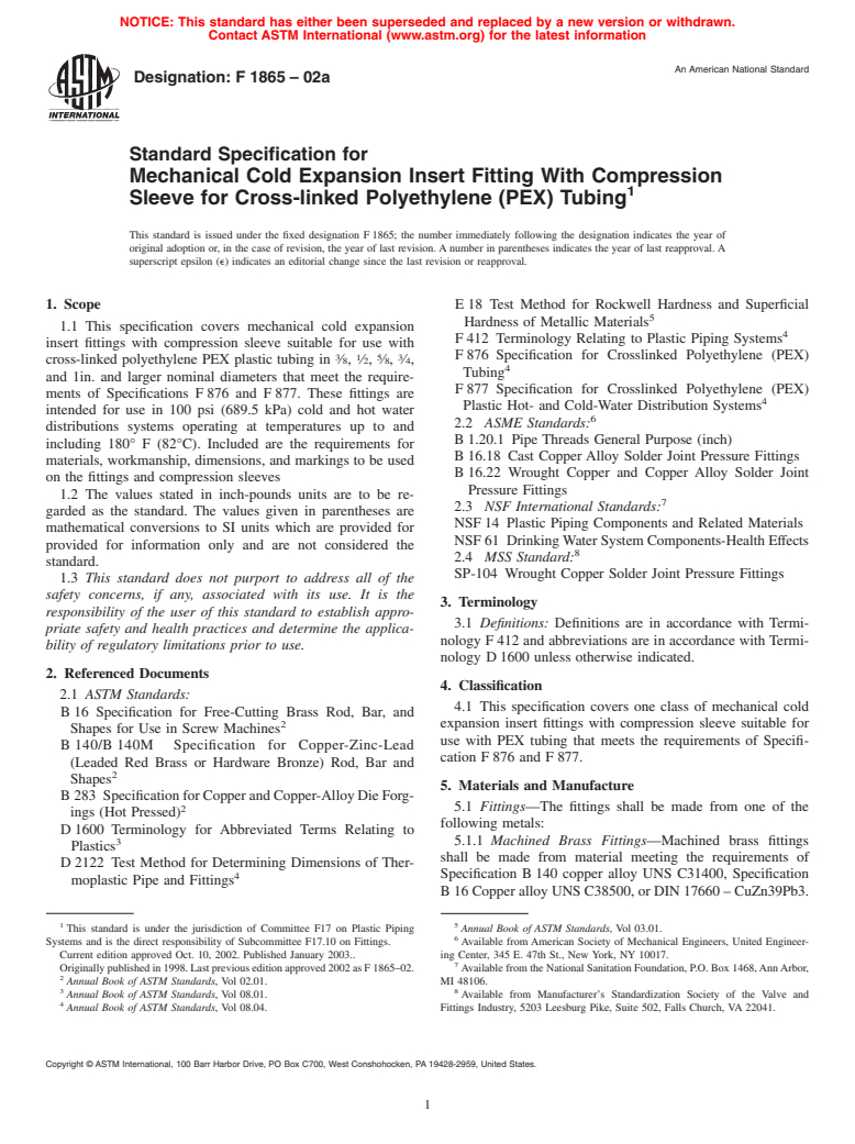 ASTM F1865-02a - Standard Specification for Mechanical Cold Expansion Insert Fitting With Compression Sleeve for Cross-linked Polyethylene (PEX) Tubing