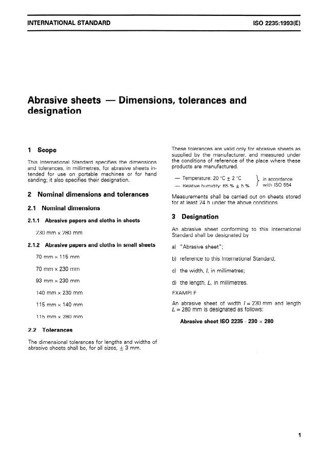 ISO 2235:1993 - Abrasive sheets -- Dimensions, tolerances and designation