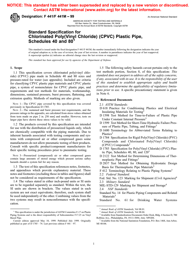 ASTM F441/F441M-99 - Standard Specification for Chlorinated Poly(Vinyl Chloride) (CPVC) Plastic Pipe, Schedules 40 and 80
