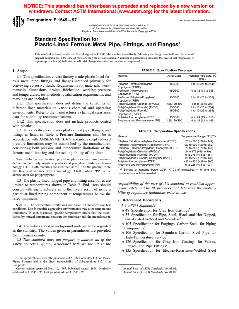 ASTM F1545-97 - Standard Specification for Plastic-Lined Ferrous Metal Pipe, Fittings, and Flanges