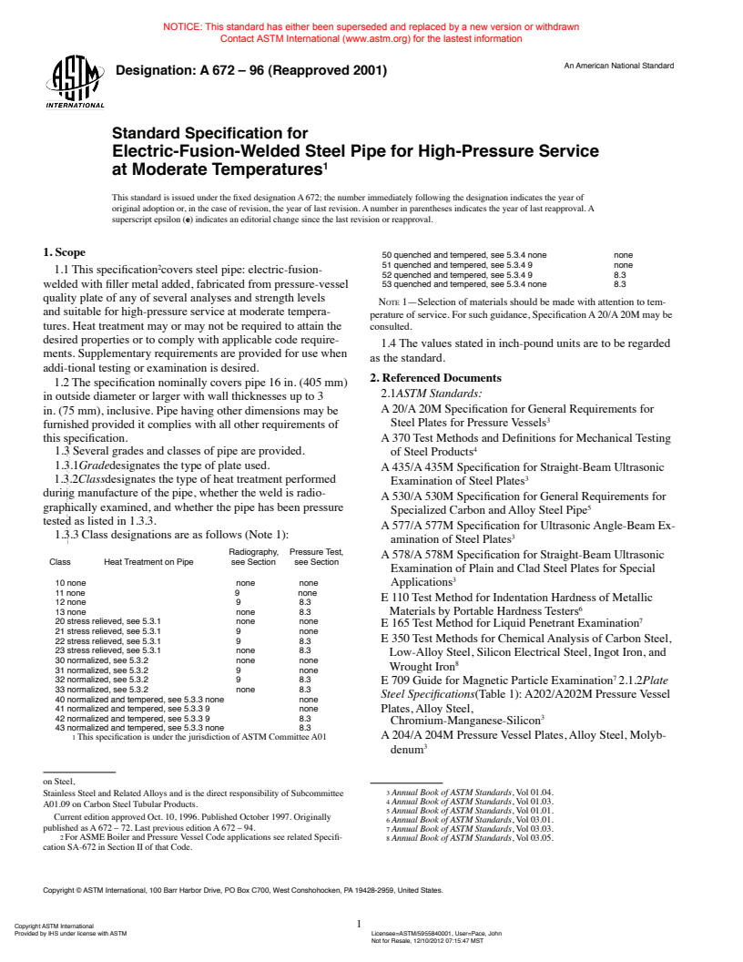 ASTM A672-96(2001) - Standard Specification for Electric-Fusion-Welded Steel Pipe for High-Pressure Service at Moderate Temperatures