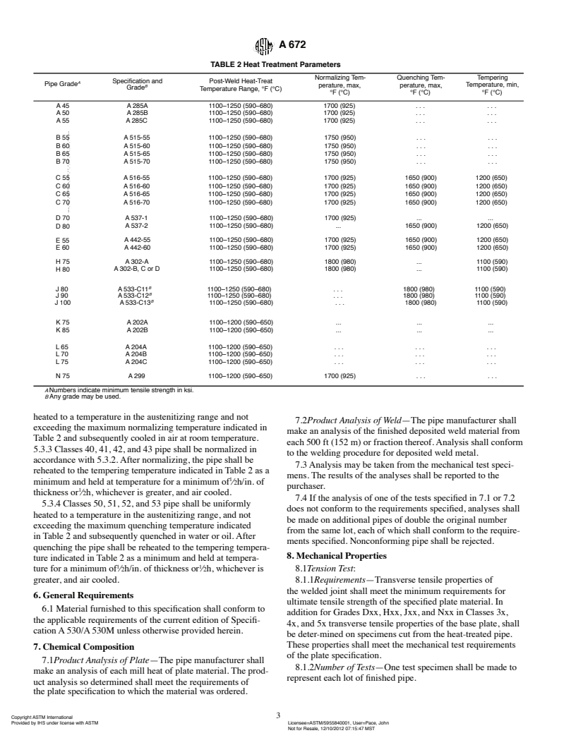 ASTM A672-96(2001) - Standard Specification for Electric-Fusion-Welded Steel Pipe for High-Pressure Service at Moderate Temperatures