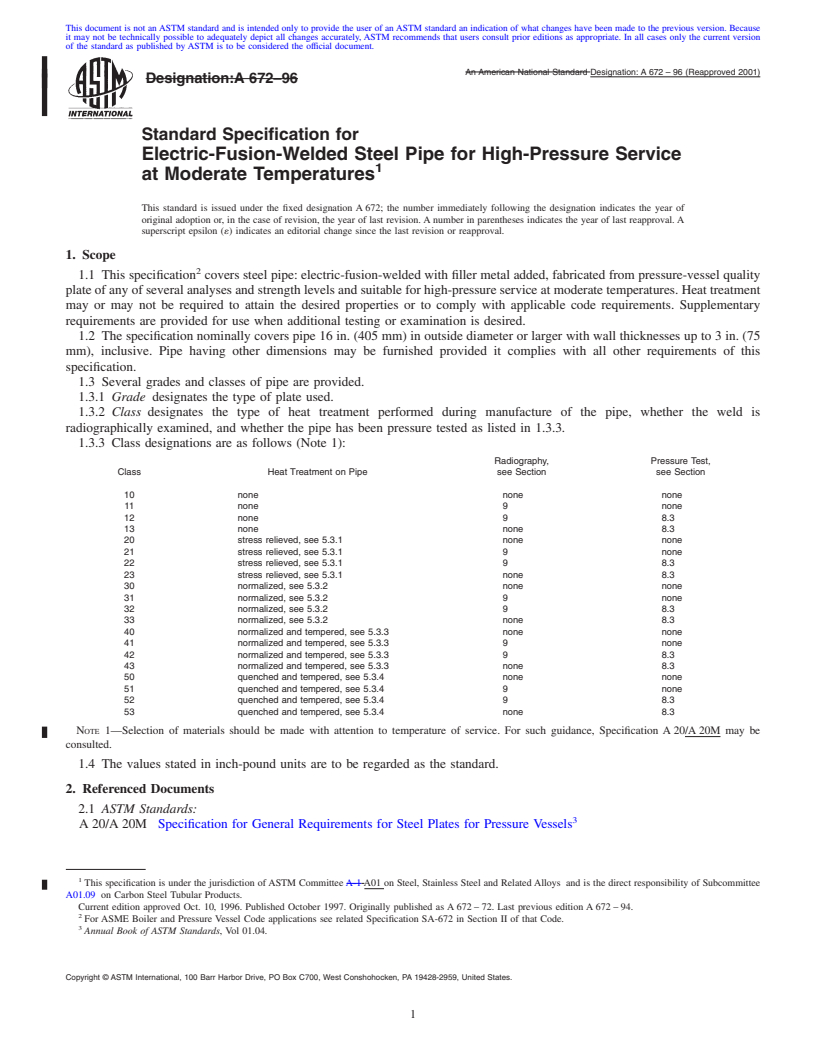 REDLINE ASTM A672-96(2001) - Standard Specification for Electric-Fusion-Welded Steel Pipe for High-Pressure Service at Moderate Temperatures