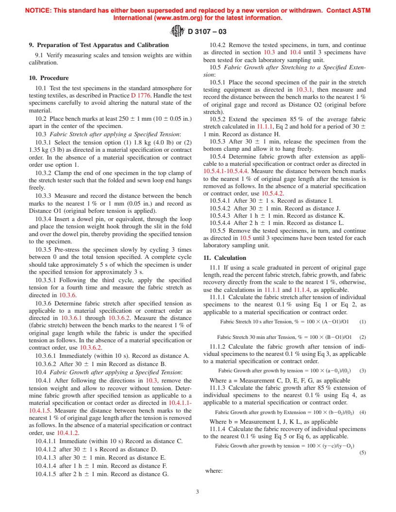 ASTM D3107-03 - Standard Test Methods for Stretch Properties of Fabrics Woven from Stretch Yarns