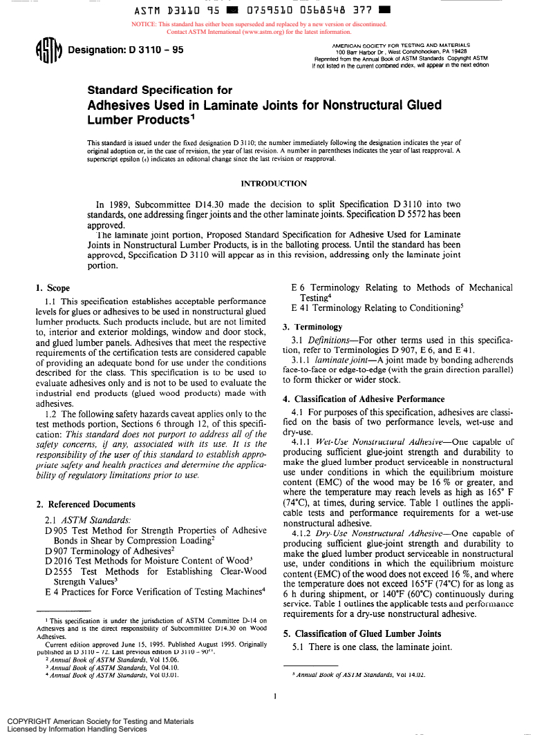 ASTM D3110-95 - Specification for Adhesives Used in Laminate Joints for Nonstructural Glued Lumber Products (Withdrawn 1996)