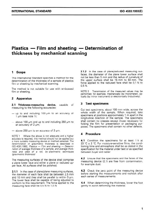 ISO 4593:1993 - Plastics -- Film and sheeting -- Determination of thickness by mechanical scanning