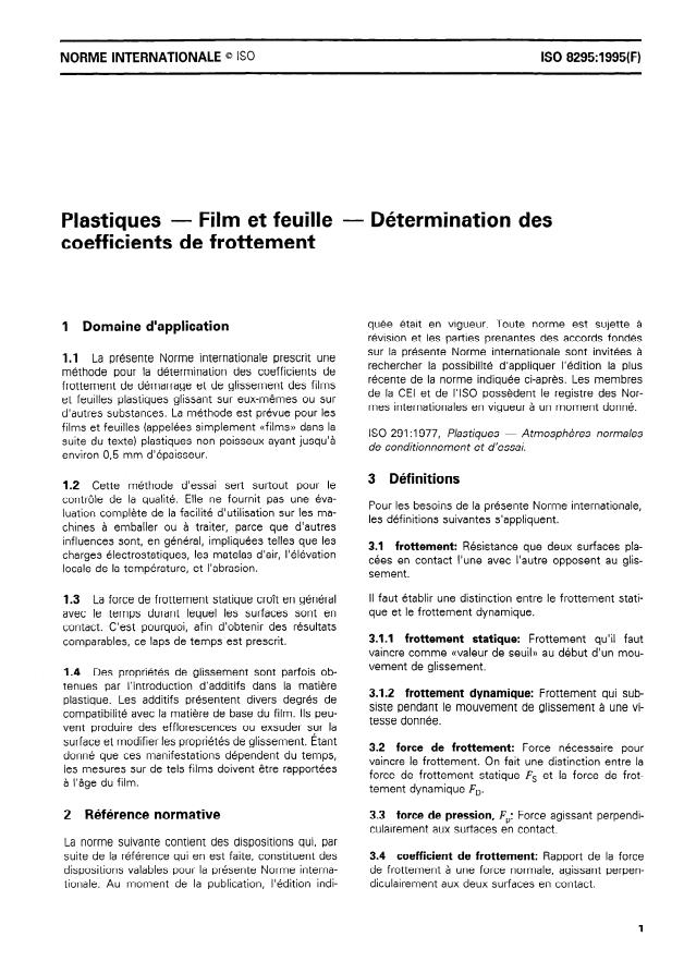 ISO 8295:1995 - Plastiques -- Film et feuille -- Détermination des coefficients de frottement