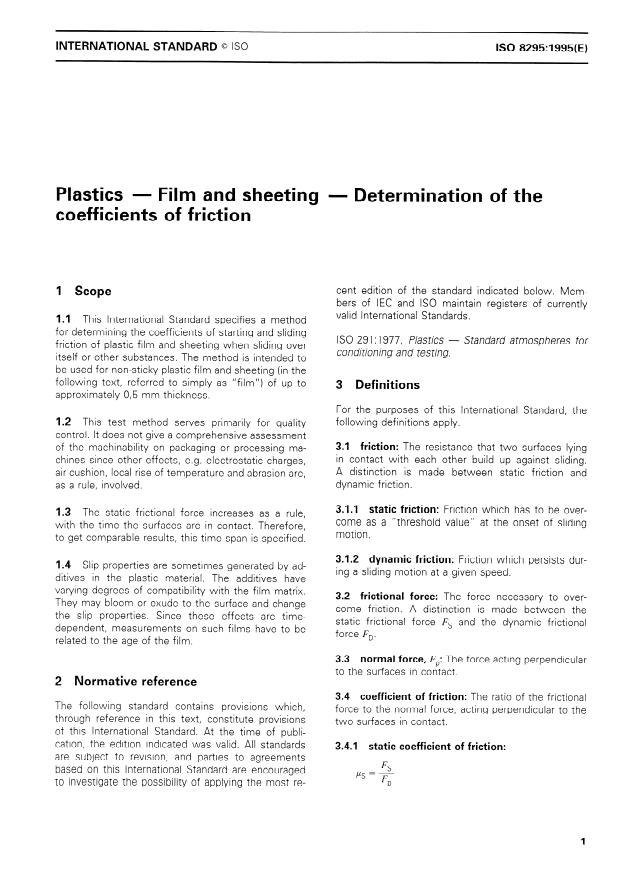 ISO 8295:1995 - Plastics -- Film and sheeting -- Determination of the coefficients of friction
