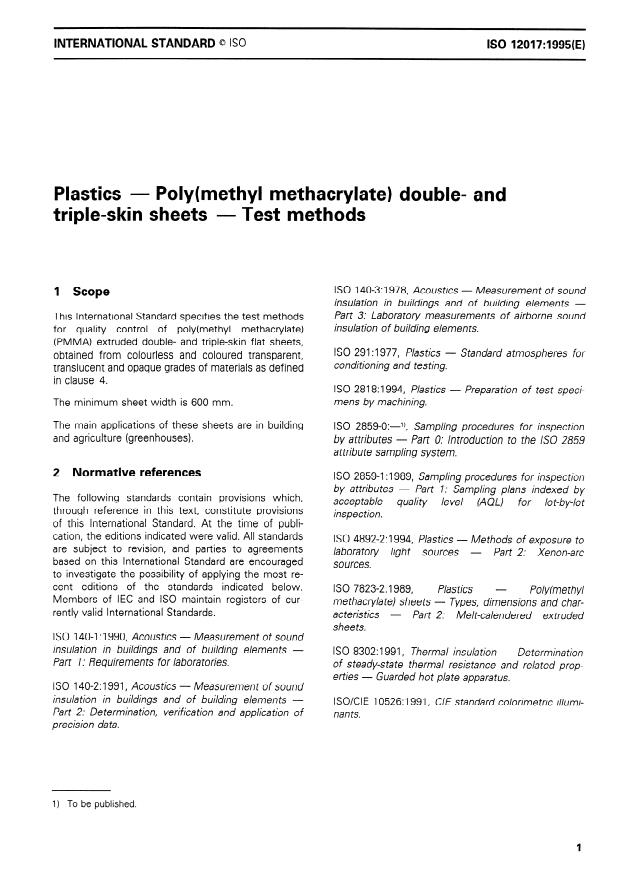 ISO 12017:1995 - Plastics -- Poly(methyl methacrylate) double- and triple-skin sheets -- Test methods