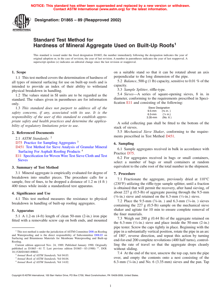 ASTM D1865-89(2002) - Standard Test Method for Hardness of Mineral Aggregate Used on Built-Up Roofs