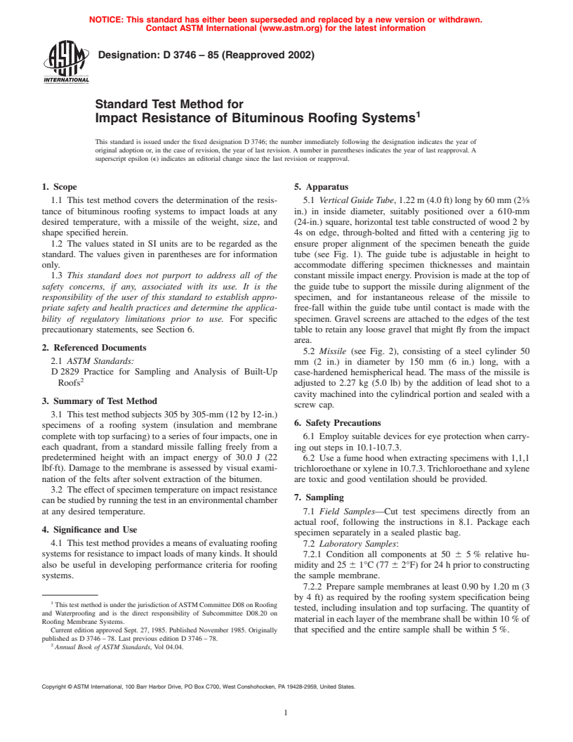 ASTM D3746-85(2002) - Standard Test Method for Impact Resistance of Bituminous Roofing Systems