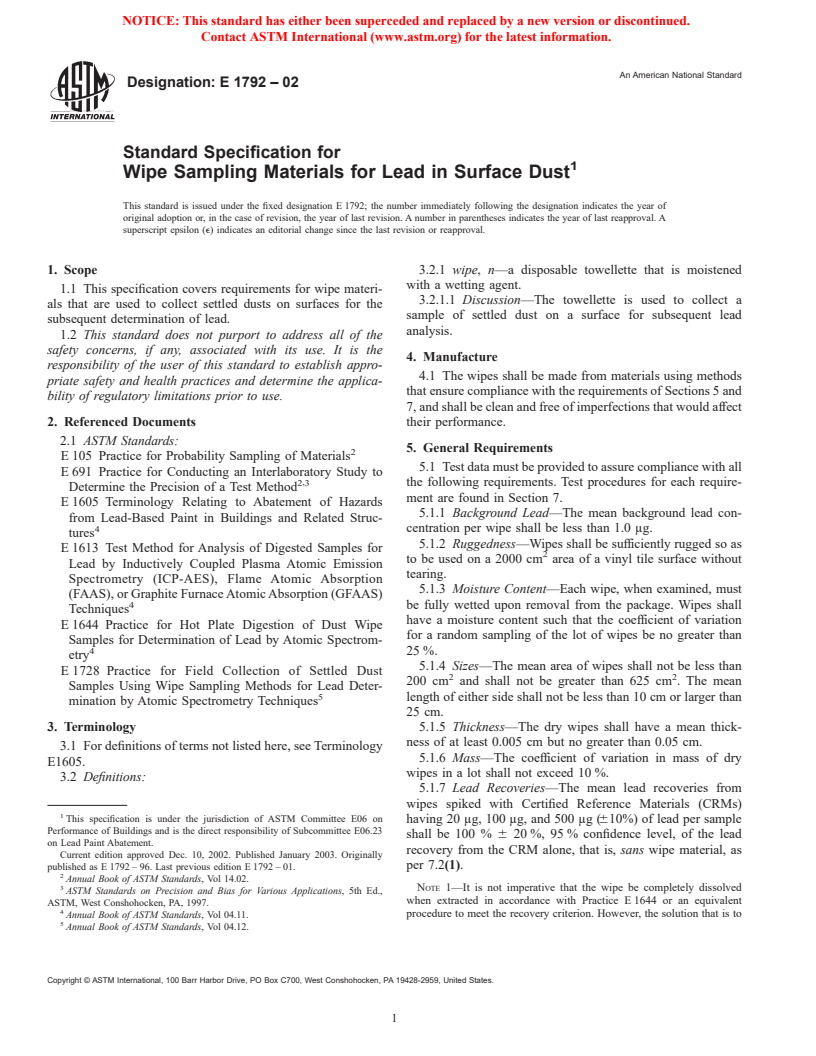 ASTM E1792-02 - Standard Specification for Wipe Sampling Materials for Lead in Surface Dust