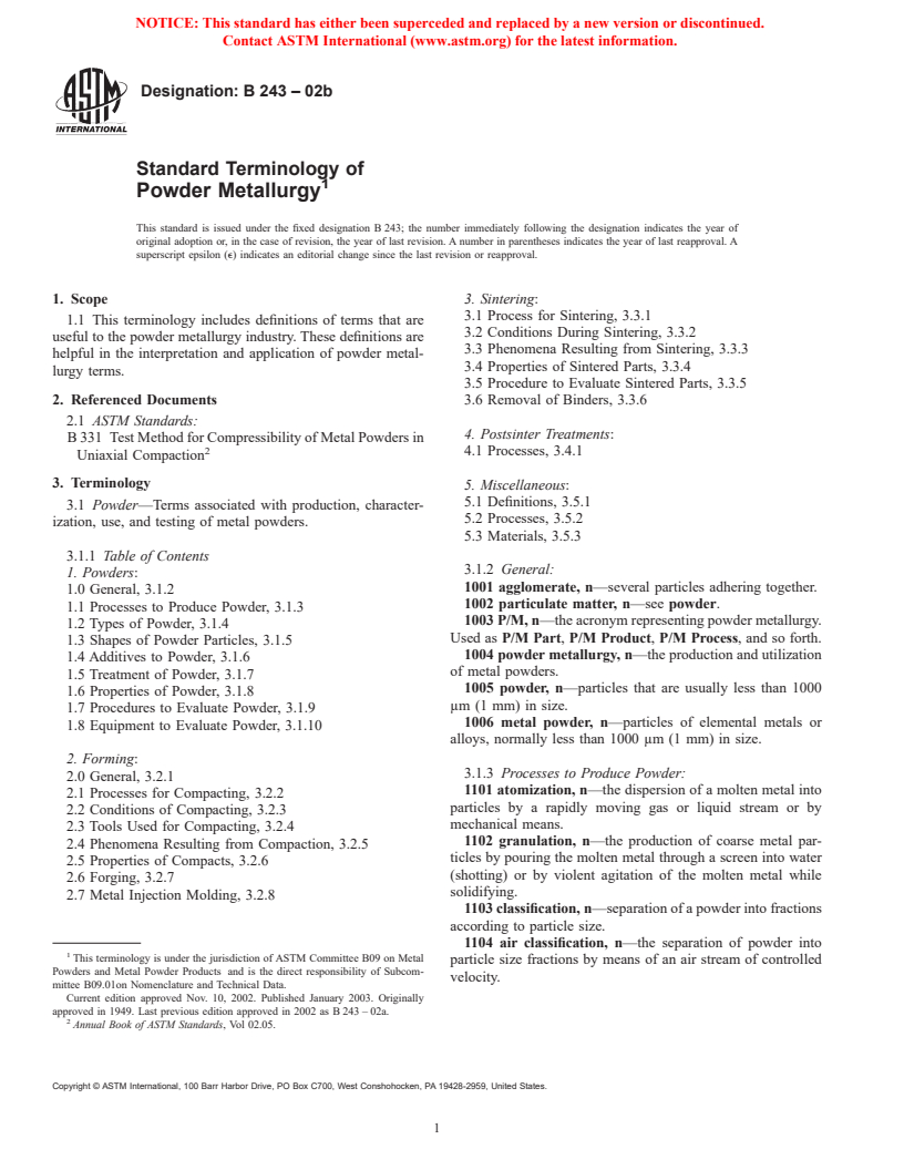 ASTM B243-02b - Standard Terminology of Powder Metallurgy