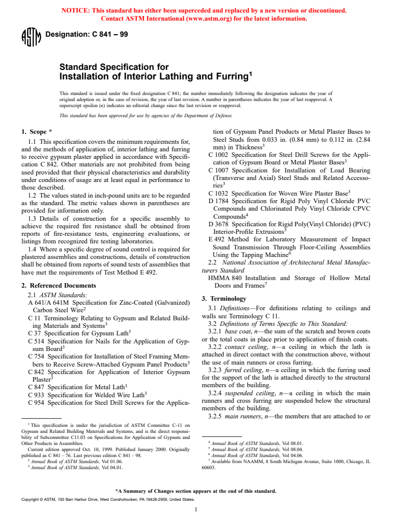 ASTM C841-99 - Standard Specification for Installation of Interior Lathing and Furring