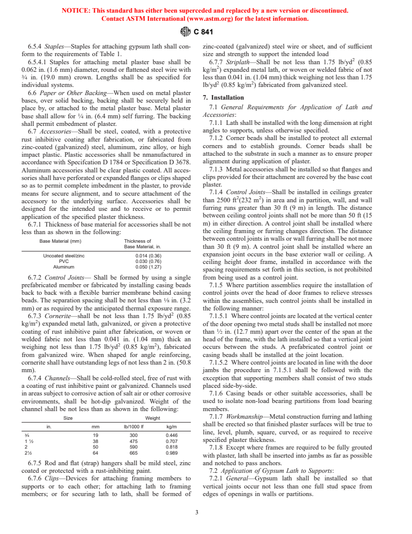 ASTM C841-99 - Standard Specification for Installation of Interior Lathing and Furring