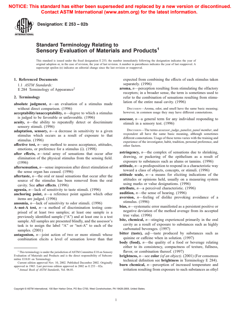 ASTM E253-02b - Standard Terminology Relating to Sensory Evaluation of Materials and Products