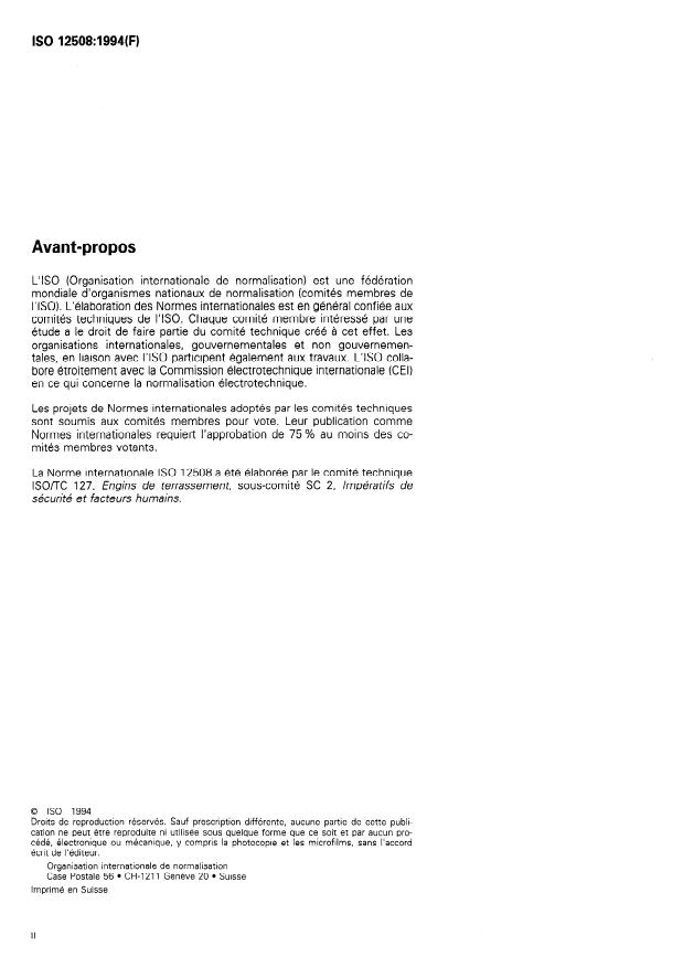 ISO 12508:1994 ISO 12508:1994 - Engins de terrassement -- Poste de l'opérateur et zones de maintenance -- Acuité des aretes - Page 2 preview