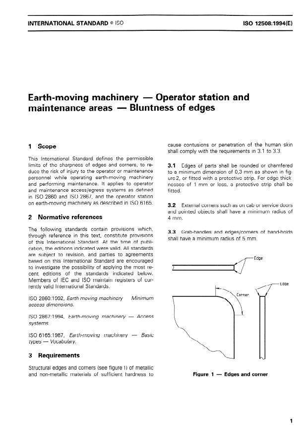 ISO 12508:1994 - Earth-moving machinery -- Operator station and maintenance areas -- Bluntness of edges