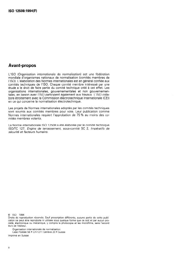 ISO 12508:1994 ISO 12508:1994 - Engins de terrassement -- Poste de l'opérateur et zones de maintenance -- Acuité des aretes - Page 2 preview
